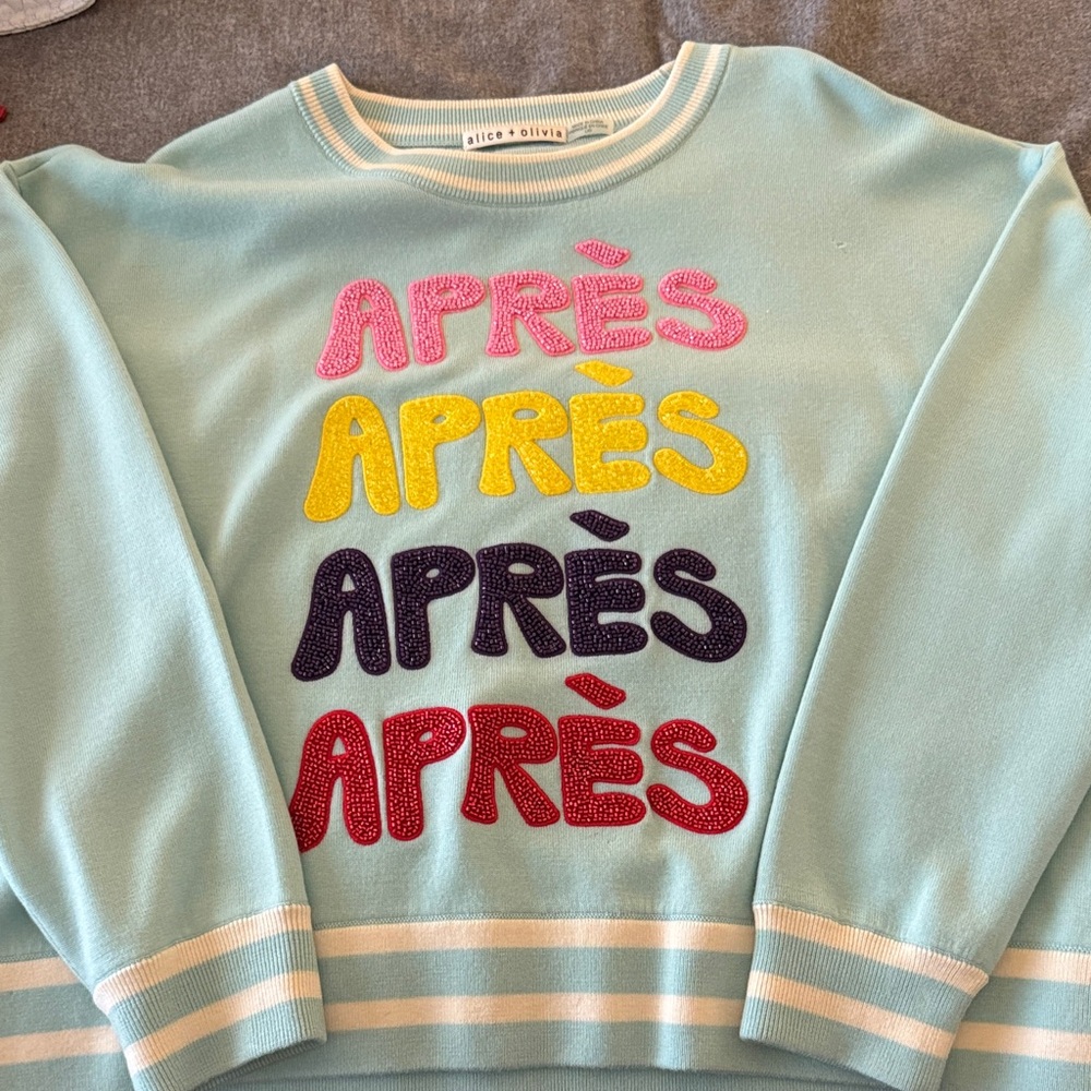Alice + Olivia Light Blue Sweater with Colorful Appliqué